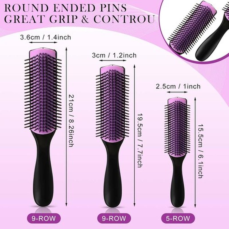 Patelai Hair Brush - 9-Row & 5-Row Cushion Nylon Detangling Brush for Natural Hair | Travel-Friendly, Black/Purple
