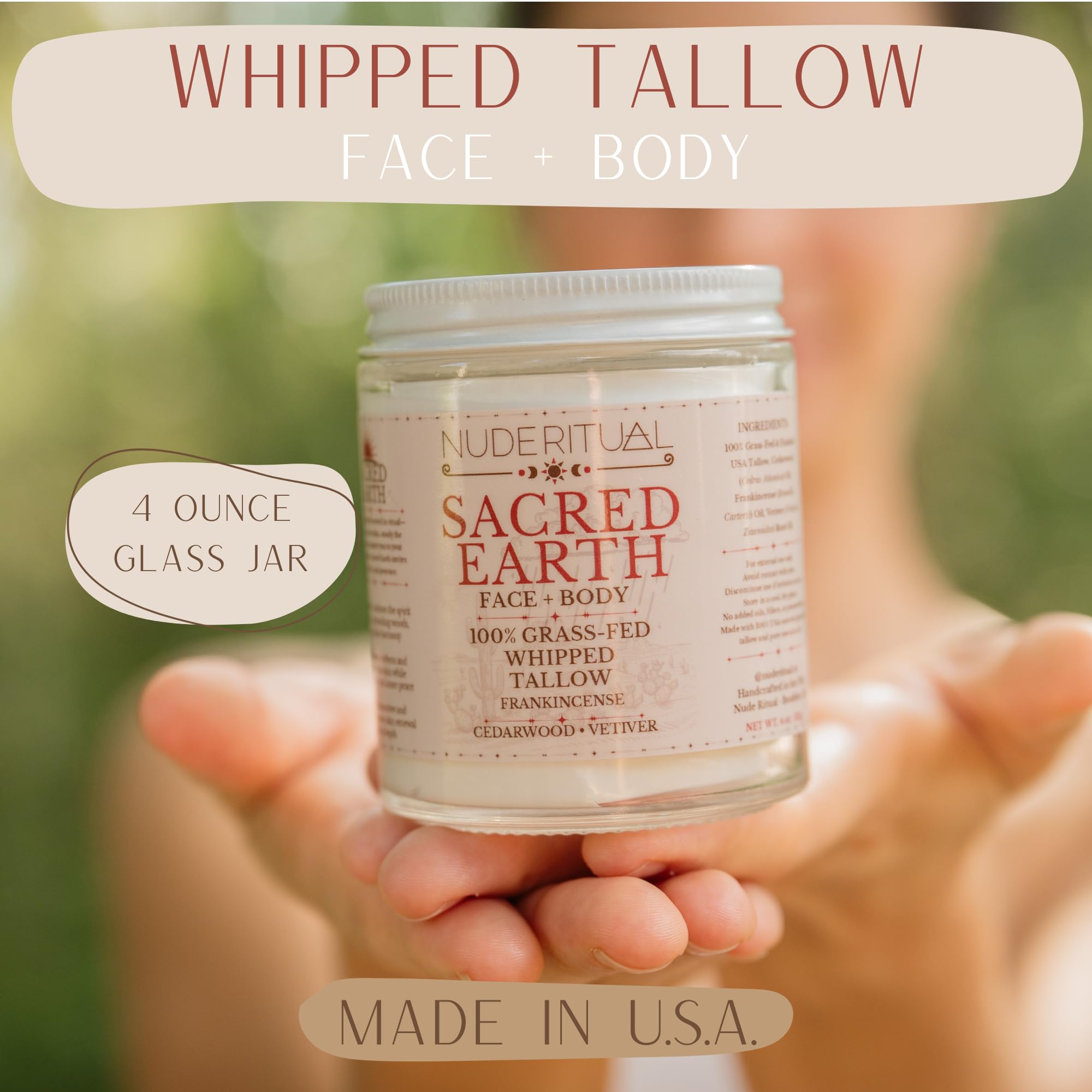 100% Grass-Fed Beef Tallow – Whipped Body Butter Moisturizer for Face & Body – USA Made Natural Lotion Alternative for Dry, Sensitive Skin – 4 oz (Sacred Earth – Cedarwood, Frankincense & Vetiver)