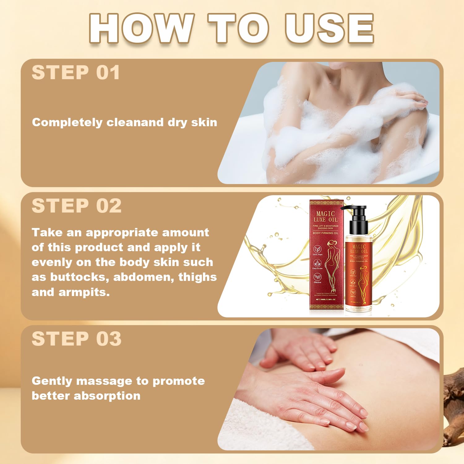 MAGIC LUXE OIL Body Firming Oil, Hydrating & Skin Tightening for Women Bums, Tums, Thighs & Underarms | Non-Greasy | Reduces the Appearance of Fine Lines & Improves Skin Elasticity Look | 100 ML