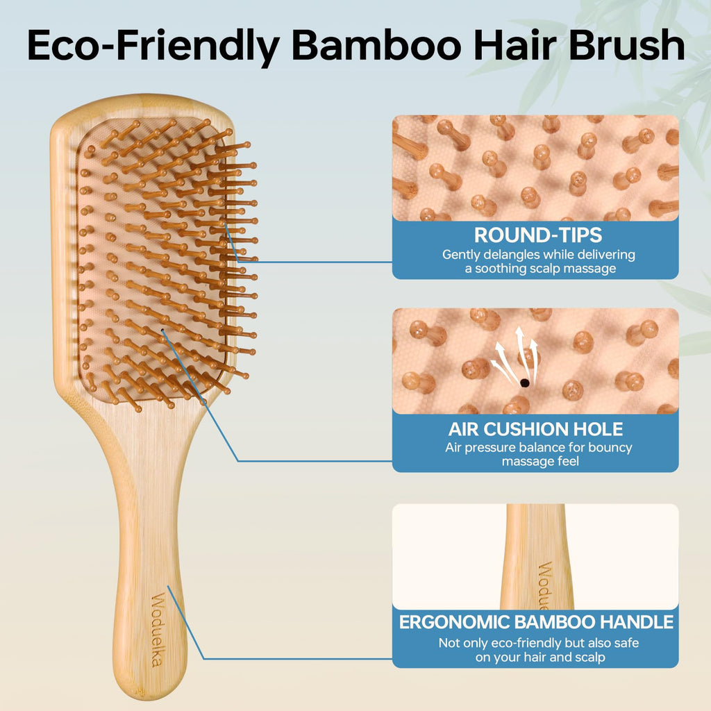 Bamboo Hair Brush for Women – Paddle Detangling Hairbrush with Natural Bamboo Bristles, Paddle Hairbrush for Scalp Massage, All Hair Types, Brush Cleaner Included, Yellow & Blue