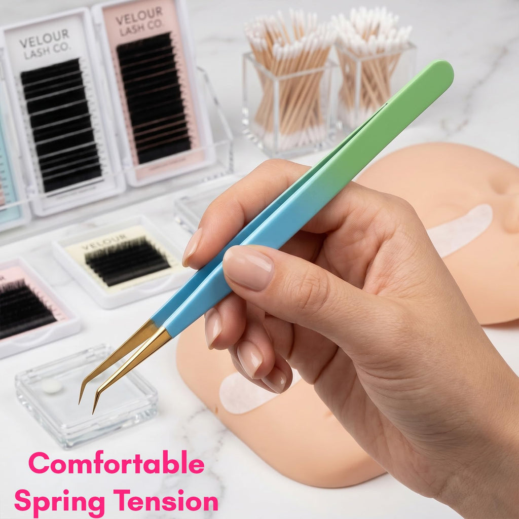 Cross Edge Corporation Lash Extension Tweezers 14cm — Curved Isolation Tip for Classic Lashes & Individual Lash Work | Lightweight Stainless Steel | Blue & Green with Gold Tip Finish