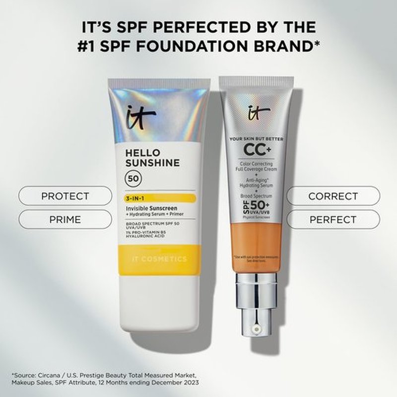 IT Cosmetics Hello Sunshine Invisible Sunscreen for Face SPF 50 - Sunscreen, Hydrating Serum & Makeup Primer - 1% Pro-Vitamin B5 & Hyaluronic Acid - HSA/FSA Eligible - No White Cast - 0.5 fl oz
