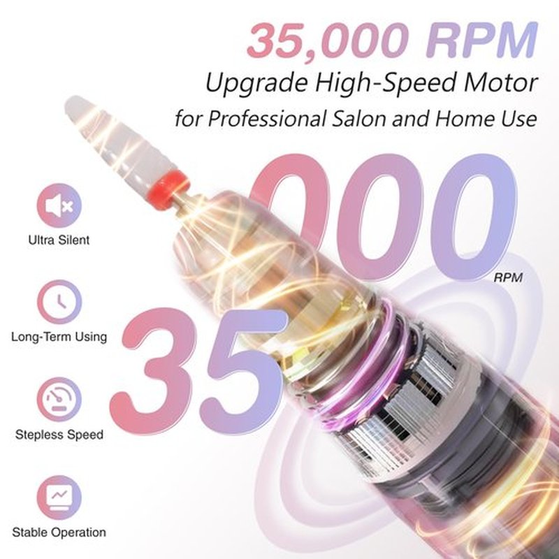 Electric Nail Drill Machine Professional, 35000 RPM Cordless Nail File, Portable Rechargeable Nail Drill and Bits for Acrylic Gel Nails Polishing Removing
