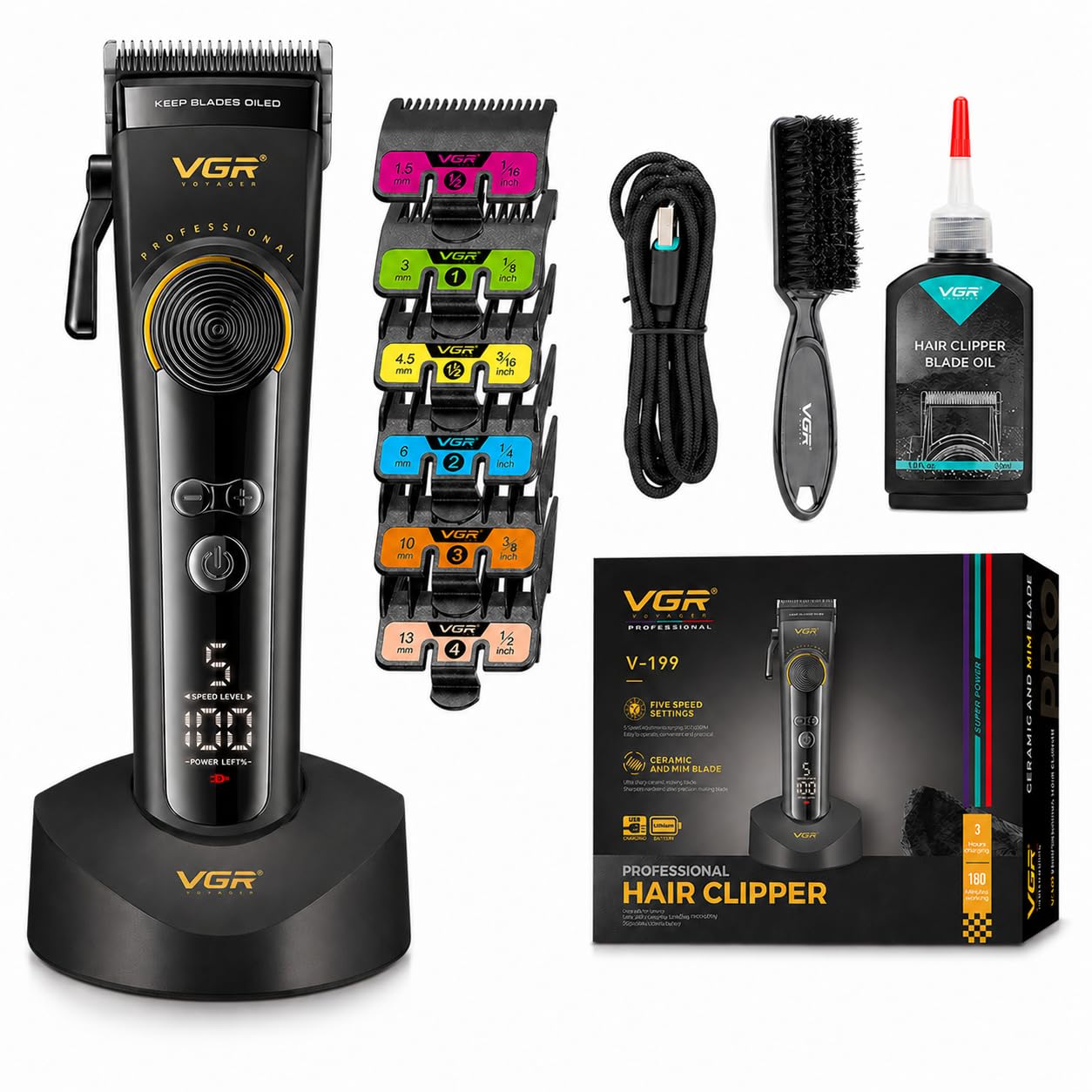 VGR 199 Professional Cordless Hair Clippers for Men, 5-Speed Mens Hair Clippers with LED Display, Rechargeable Clipper with Charging Base & 6 Guide Combs–Home Barber Kit, Black
