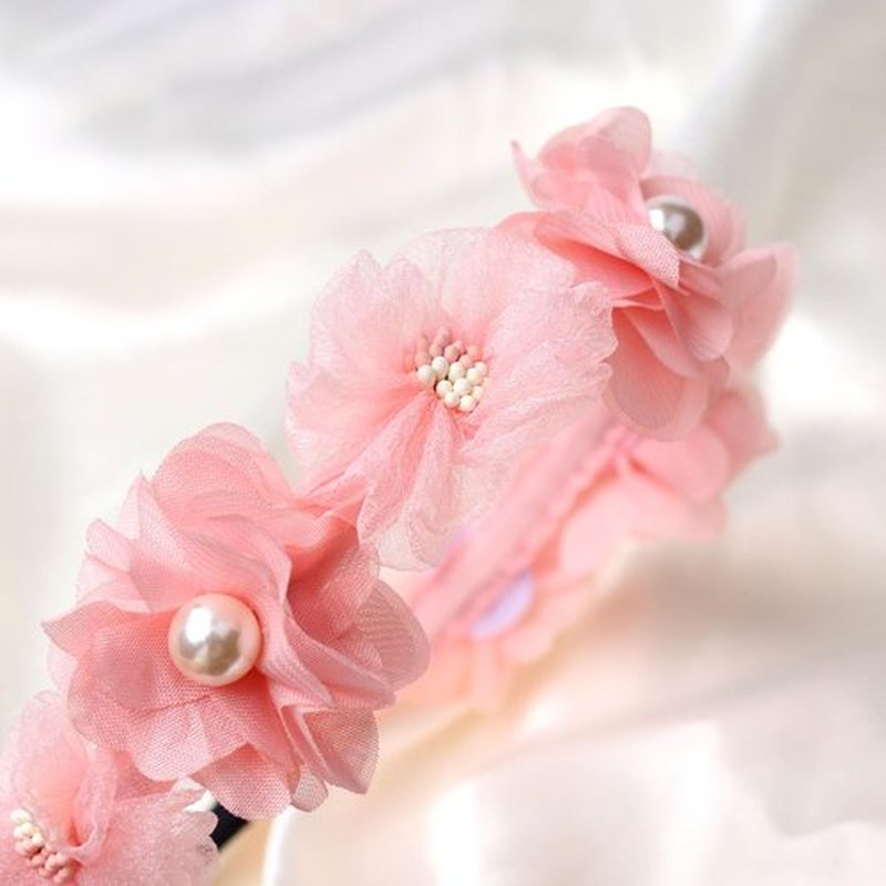 HIFANMM Flower Headband Spring Summer Hair Accessories for Women Girls, Pink Rose Flowers Hair Bands Pearls Elegant Decoration Headdress Party Wedding Supplies Non Slip Head Band 1 Pcs