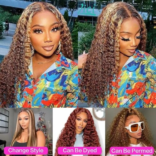 Tuviso 26 Inch Highlight Ombre Lace Front Wigs Human Hair 200% Density 4/27 Colored Pre Plucked Deep Wave 13x6 HD Lace Frontal Wigs Glueless Wig with Baby Hair Honey Blonde Deep Curly Wig for Women