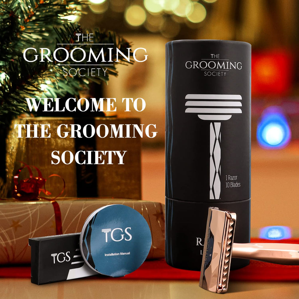 The Grooming Society Double Edge Safety Razor, Classic for Men and Women, Reusable Safety Razor, Metal Long Handle Safety Razor, 10 Blade Refill