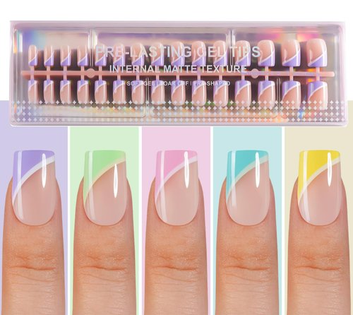 Plauva 150Pcs Short Press On Nails, French Tip Press On Nails, Soft Gel Stick On Nails Reusable Square Fake Nails for Women 15 Sizes, Pastel Curves