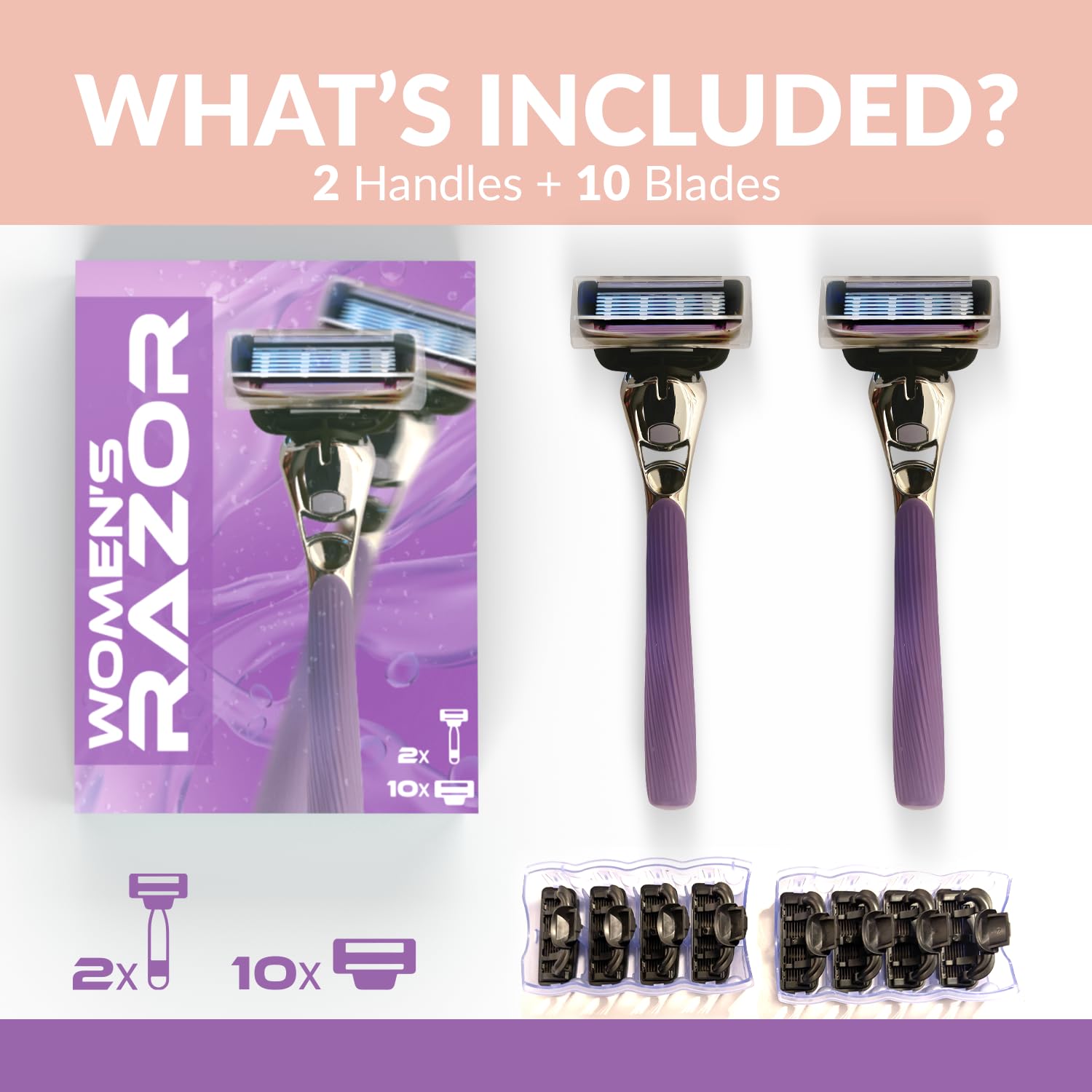 FOREVER GEM Women’s Razor with 2 Handles & 10 Razor Refills – 7 Blade Reusable for Smooth Shave – Sensitive Skin Safe – Facial & Body for Women