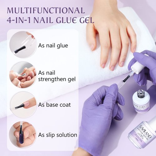 SAVILAND 4-in-1 Nail Gel Set, 2 pcs 15 ML Upgraded Glue for Fake & Press on Nails, Gel Base Strengthen and Nail Repair Treatment, Replacement for Glue.