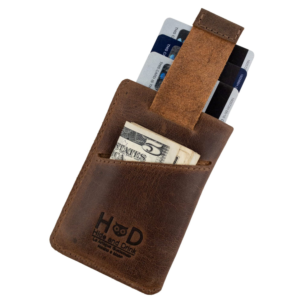Hide & Drink Vertical Card Sleeve, Holds Cards & Folded Bills, Full Grain Leather, Handmade, Bourbon Brown