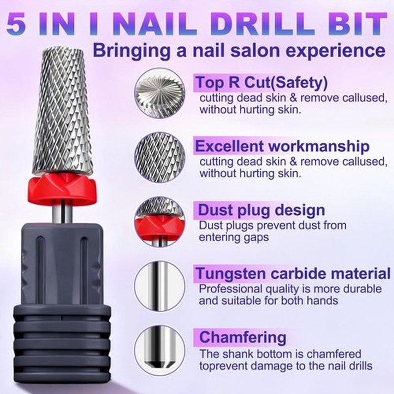 Fantexy 3/32" Carbide Nail Drill Bit - Remove Acrylic Hard Gels Quickly and Safely, 5-in-1 Tungsten Carbide Nail Drill Bit for Nail Art,Manicure,Pedicure,Gel,Cuticle Clean(Fine - F)