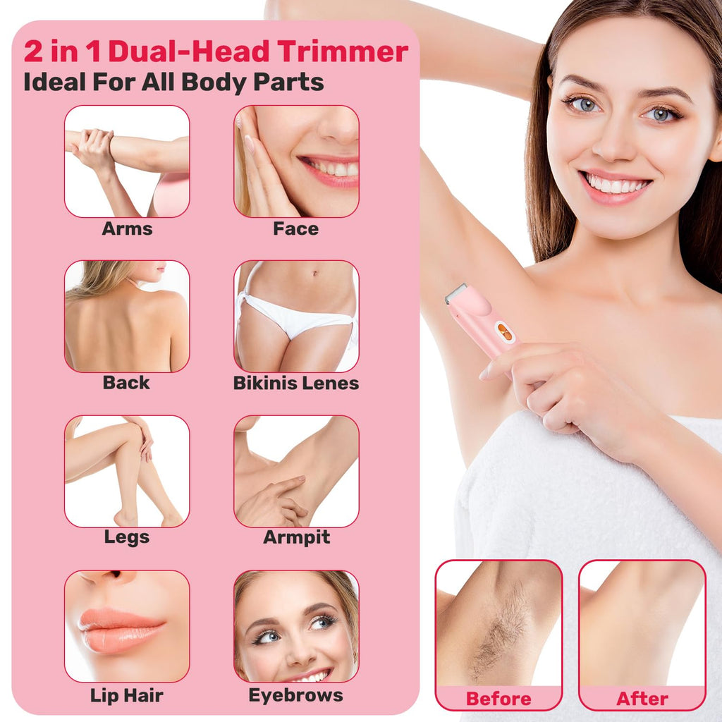 Smopgn Dermave Bikini Shaver, Bikini Trimmer for Women, 2 in 1 Dual Head Painless Electric Razors for Silk Skin, Cordless & Waterproof Electric Trimmer for Women, Pink