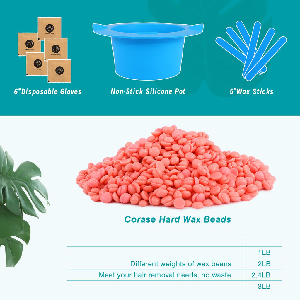 PURPESKY Wax Beads Bulk, 2lbs Hard Waxing Beans for Hair Removal, Brazilian Coarse Wax for Face, Leg, Bikini, Home Waxing Kit with Collapsible Bowl/Pot & Collapsible Bowl (Sea salt)