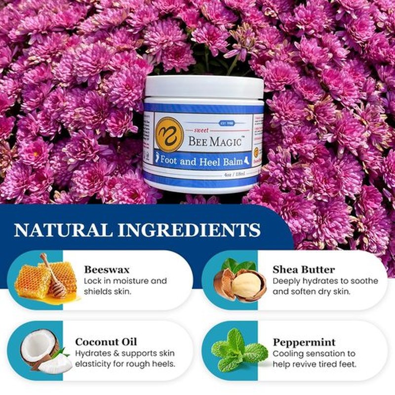 Sweet Bee Naturals Organic Foot Balm - Intensive Heel Cream for Dry, Cracked Feet - Natural Moisturizer - 4 OZ Jar