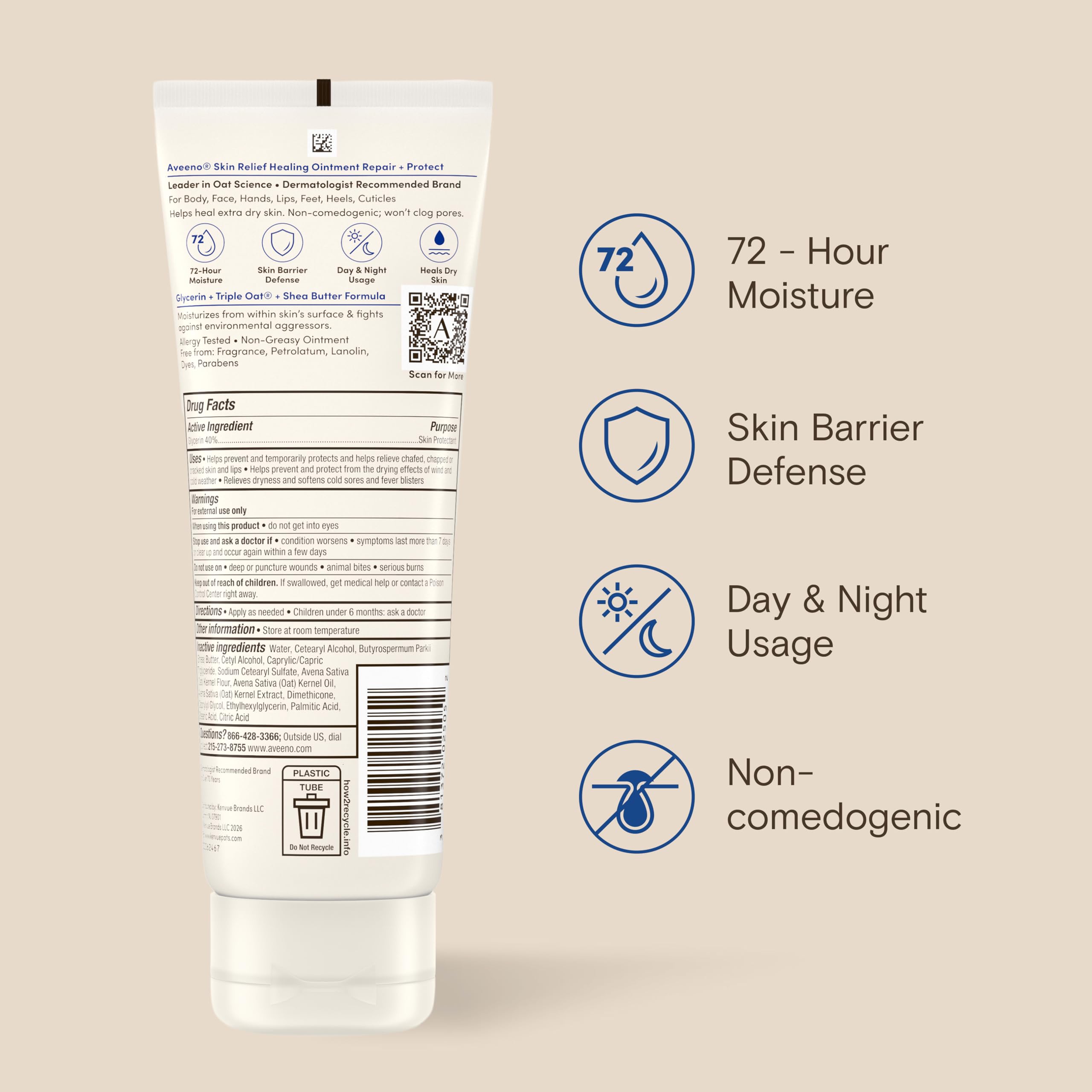 Aveeno Skin Relief Healing Ointment, for Extra Dry, Cracked & Sensitive Skin, 72-Hour Protectant with Triple Oat, Shea Butter & Glycerin, Fragrance-Free for Body, Face, Hands, Lips 7.2 oz