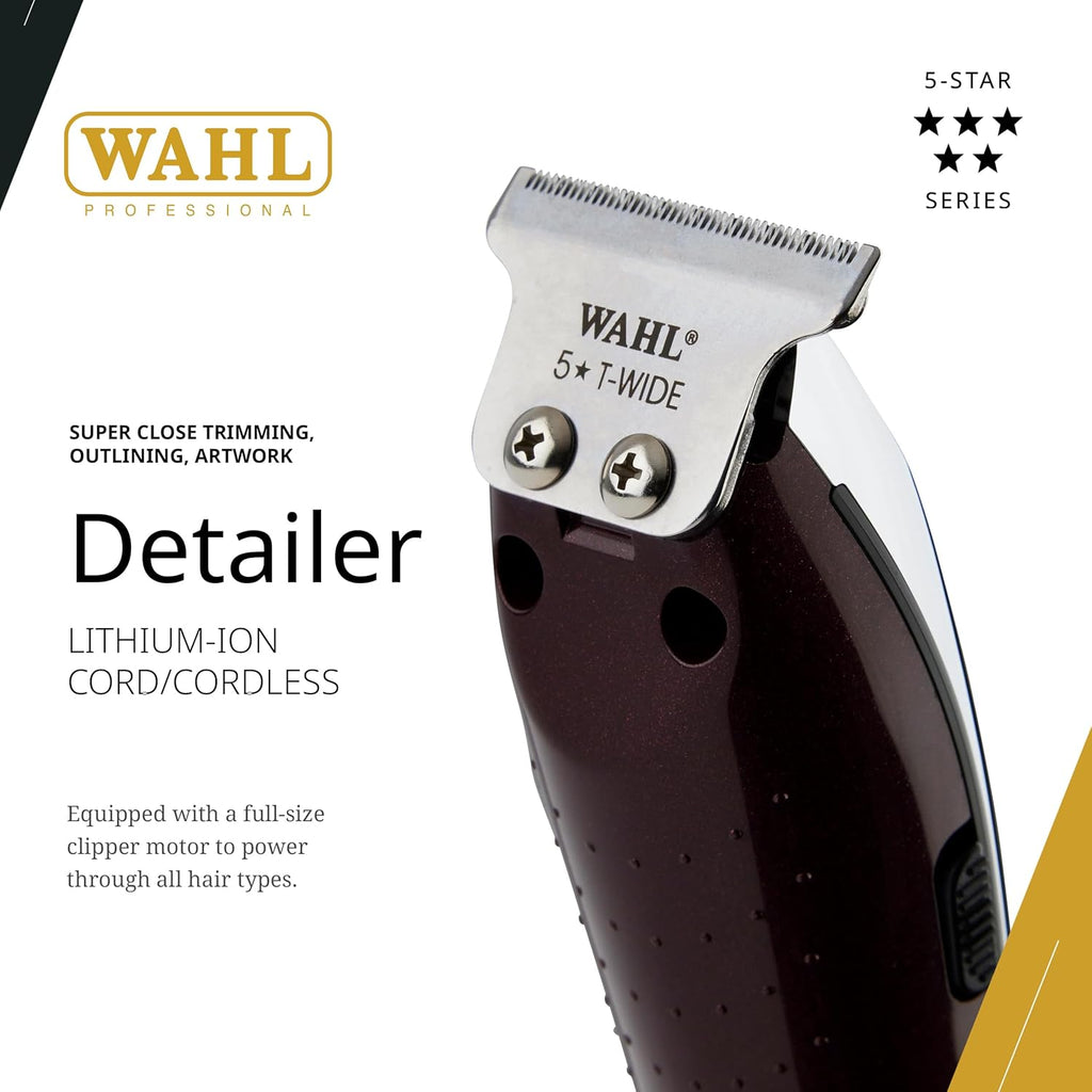 Wahl Professional 5 Star Cordless Detailer Trimmer - T Wide Blade, 100 Min Runtime, Includes Charging Stand