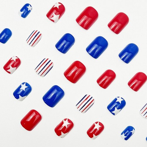 4th of July Press on Nails Extra Short Square OFDNE Patriotic Fake Nails Cute False Nails with Stars Stripes Designs Glossy Glue on Nails White Blue Red Acrylic Nails for Women Girls 24Pcs