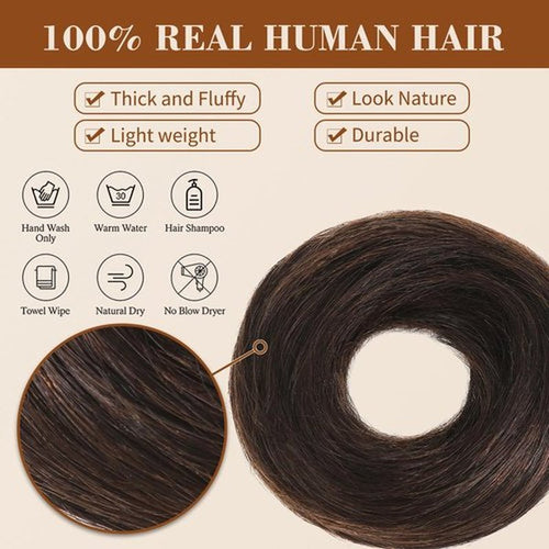 2Pcs Messy Bun Hair Piece 100% Real Human Hair Bun Scrunchies Natural Tousled Stretchy Fluffy Donut Updo Ponytail Extensions with Elastic Rubber Band Fake Bun Hair for Women,Dark Brown