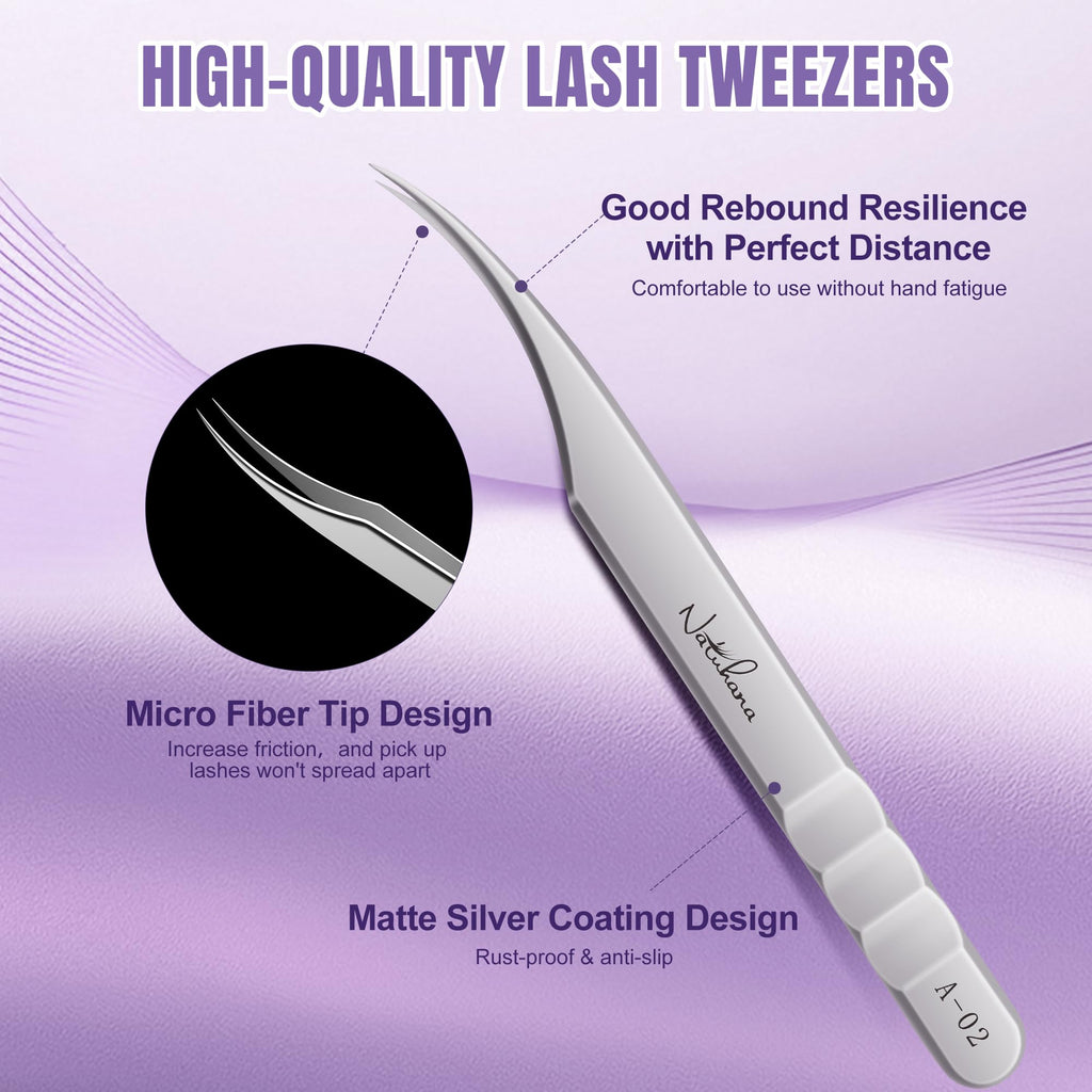 Natuhana High Precision Lash Tweezers for Individual and Volume Eyelash Extensions Pointed Premium Stainless Steel Curved Fiber Tip Professional Isolation Tweezer