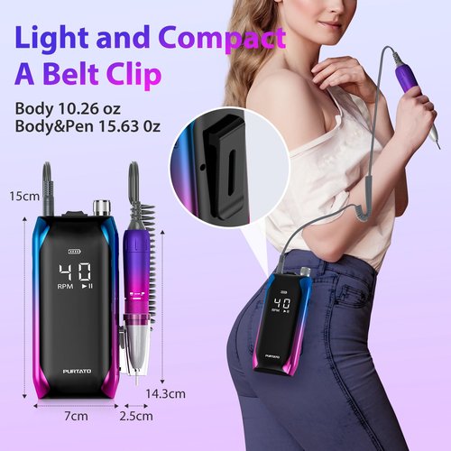 PURTATO Professional Nail Drill 40,000 RPM, Rechargeable,LCD Display E File Machine for Acrylic Nails Gel Polishing Removing Portable Nails Efile Tools for Manicure Salon & Home (Blue&Purple)