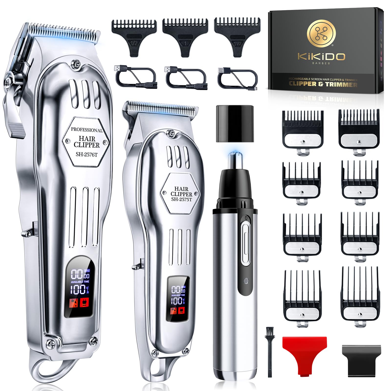 KIKIDO Hair Clippers for Men, Professional Cordless Hair Trimmers Set, Rechargeable Nose Hair Beard Trimmer, Hair Cutting Machine Haircut Grooming Kit (Sliver-3)