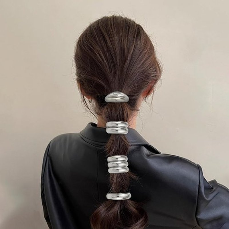 hisial 8Pcs Metal Geometric Elastic Hair Ties Non-Damage Ponytail Cuff Holders Fashion Hair Accessories for Women Hair Bands for Thick Hair(Silver Arc)