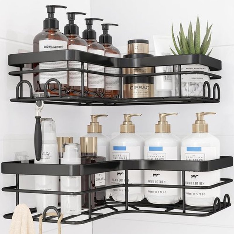 Sakugi Corner Shower Caddy | 2-Pack Rustproof Stainless Steel Organizers with 8 Hooks - No Drilling, Space-Saving, Black