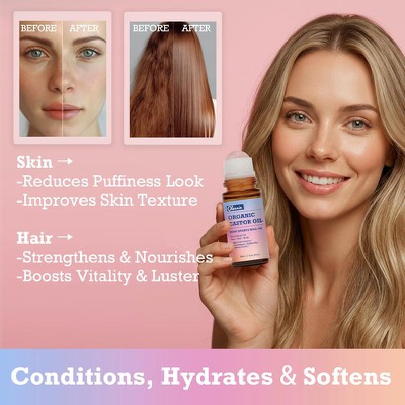 Olvaxin Organic Castor Oil Roll-On with Rose Quartz - 2 Pack x 1.7 fl oz(50mL) | Brown Glass Bottle, Cold Pressed, Hexane Free, Unrefined | Nourishing Oil for Face, Hair and Body