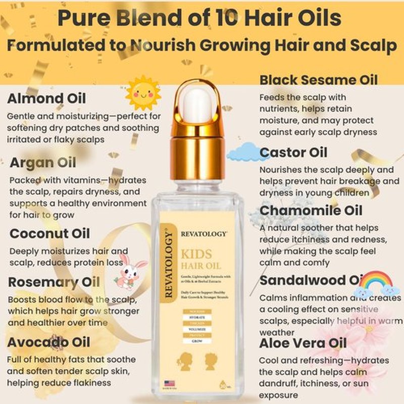 REVATOLOGY Kids & Baby Hair Growth Product High Potency Scalp & Hair Oil (Made in USA) 26 Cold-Pressed Botanicals for all Ages and Hair types -Thin, Curly, Thick Hair | Cruelty & Chemical Free