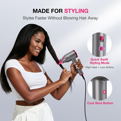 BABONIR High-Speed Hair Dryer 110,000 RPM, 1875W Ionic & Plasma Blow Dryer with Diffuser, Concentrator & Comb, 550 Million Ionic Hairdryer with Cool Shot, Low-Noise CompactPro Travel & Salon – Gray