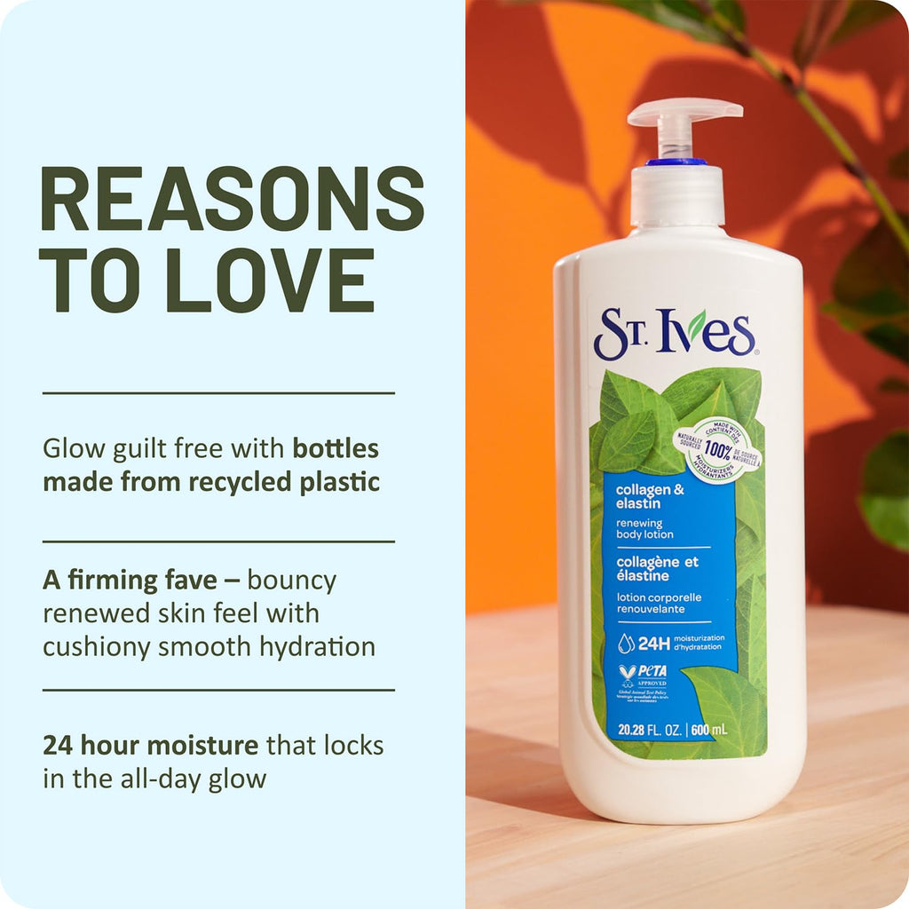 St. Ives Body Lotion, Renewing Collagen & Elastin Anti-Aging Skin Moisturizer, 24H Hydration, Cruelty-Free Skin Care, 20.28 Oz