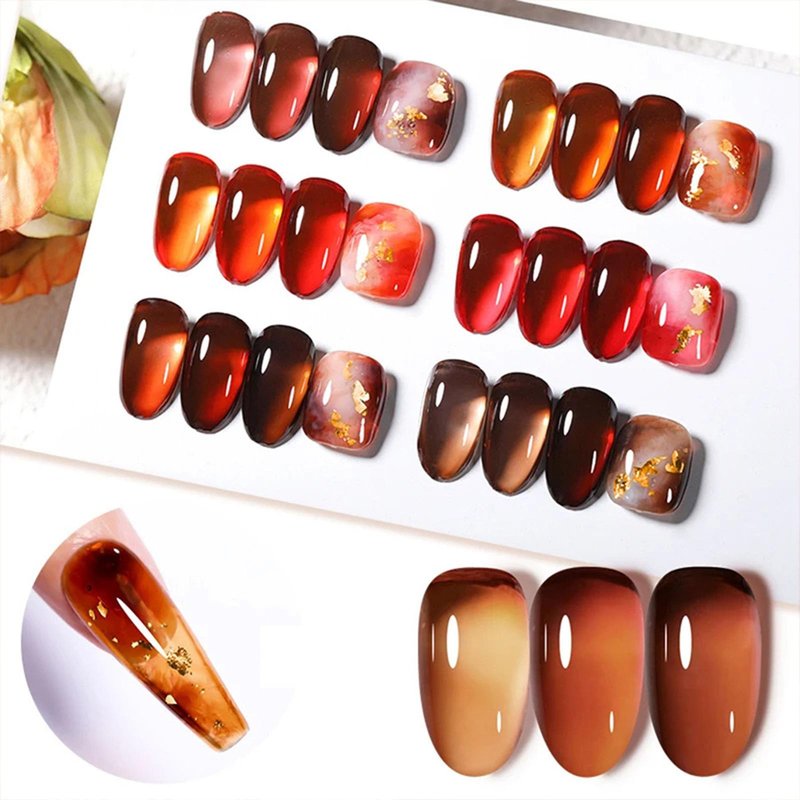 YJLYQF Jelly Amber Gel Polish Set - 6 Translucent Nude Gel Nail Polish, Sheer Tortoise, Red Coral, Burnt Orange, Grey, Amber, Brown - Soak Off UV LED Manicure Art Kit For DIY Home