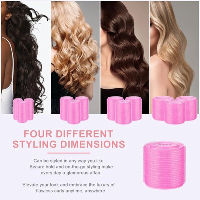 IKOCO Hair Rollers Set, 4 Sizes with 12 Clips and Comb - Self Grip Curlers for Long/Short Hair, Thermal Safe Rollers for Salon-Worthy Styling Pink