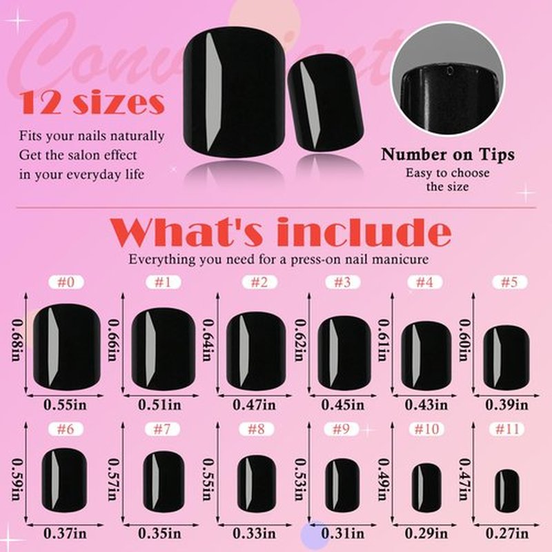 AddFavor Black Press on Nails Short Square Fake Nails, 240pc Short Nails Press ons 12 Sizes Squoval False Acrylic Nail Stick on Nails for Women