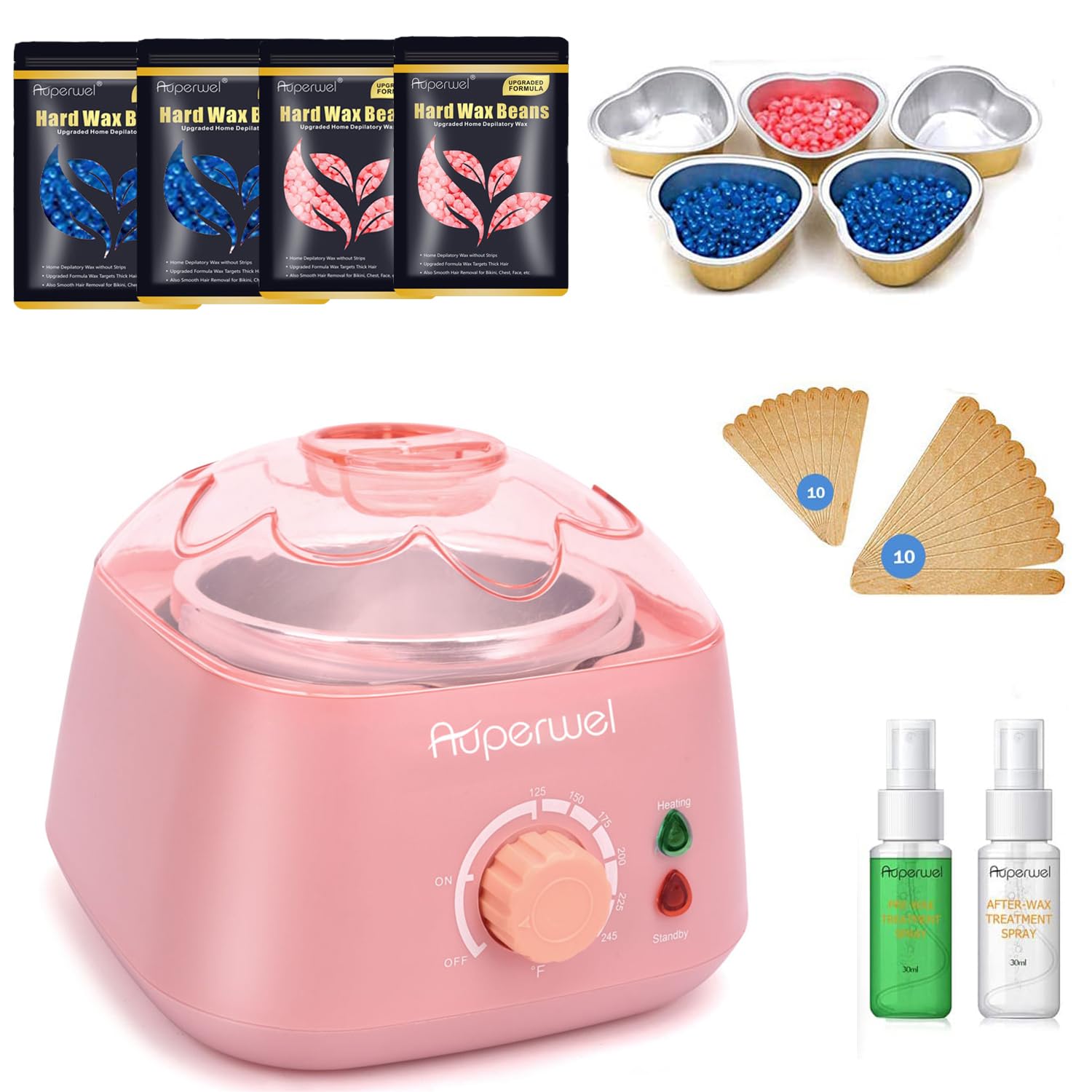 Waxing Kit, Auperwel Hard Wax Kit for Hair Removal Wax Warmer with Moisturizing Aloe Formulas 4 Bags Pearl Wax Beads for Full Body, Legs, Face, Underarm, Bikini, Brazilian Waxing