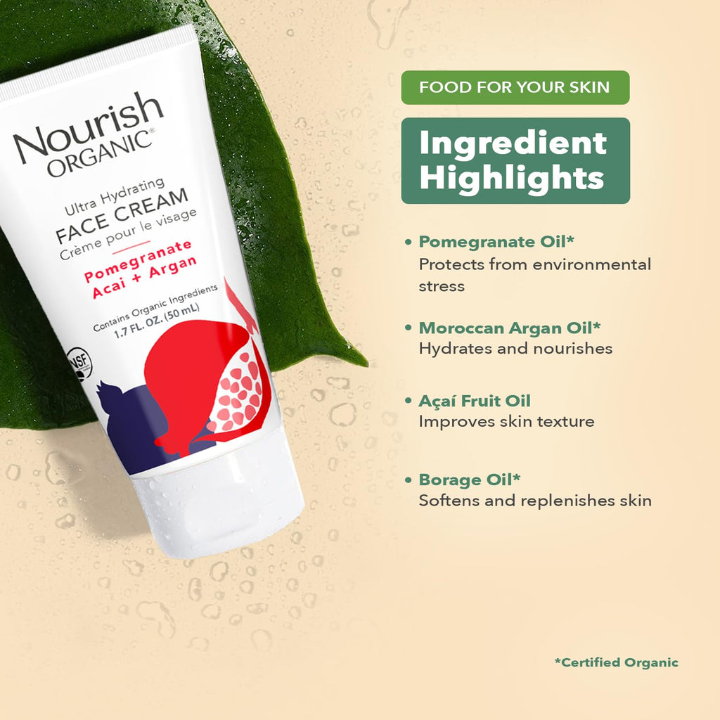 Nourish Organic Face Cream, Pomegranate Acai + Argan – Ultra Hydrating Formula with Aloe Vera & Green Tea Extract, 1.7 Oz + Washable Cotton Round