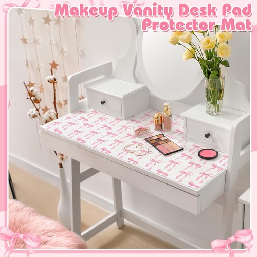 Teenyyou Coquette Bow Makeup Mat for Vanity Top Protector, Valentine Dual Sided Leather Vanity Waterproof Desk Pad Dressing Mat Nonstick Gifts for Women Home Office Decor(Pink,15.7" X 31.5")