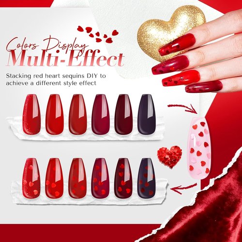 AZUREBEAUTY Dip Powder Starter Kit - Red Glitter & Heart-Shaped Sequins | 6 Colors for DIY Nail Art