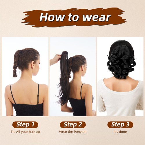 Tiklans Black Ponytail Extension, 9" Short Claw Clip in Ponytail Hair Extensions Hair Piece Natural Soft Synthetic Curly Wavy Pony Tail Hair Pieces for Women (Black Brown)