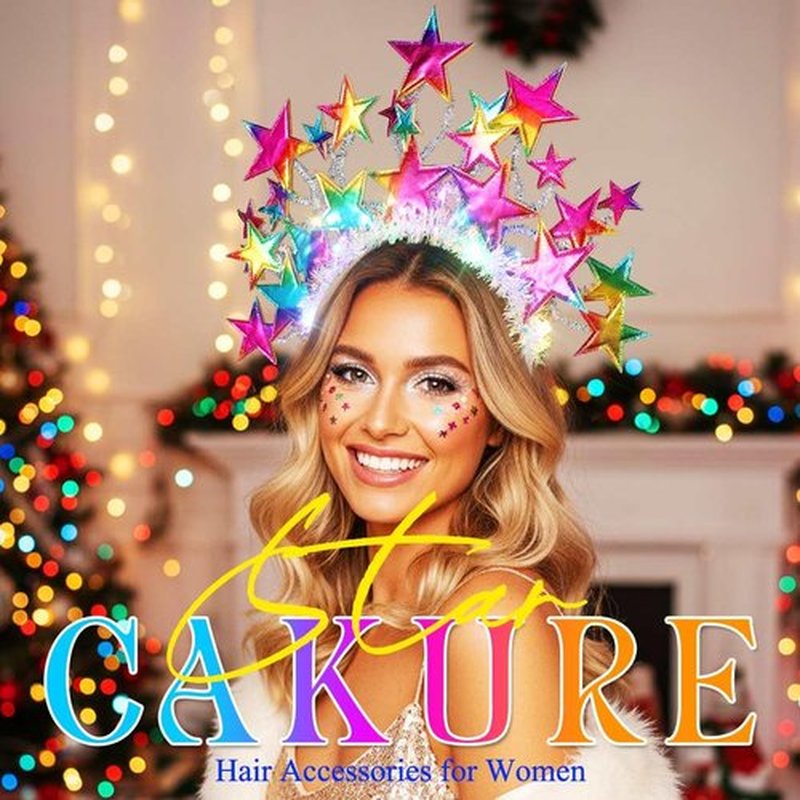 CAKURE Light Up Star Headband LED Christmas Star Headpiece Holiday Hair Accessories for Women (Colorful)