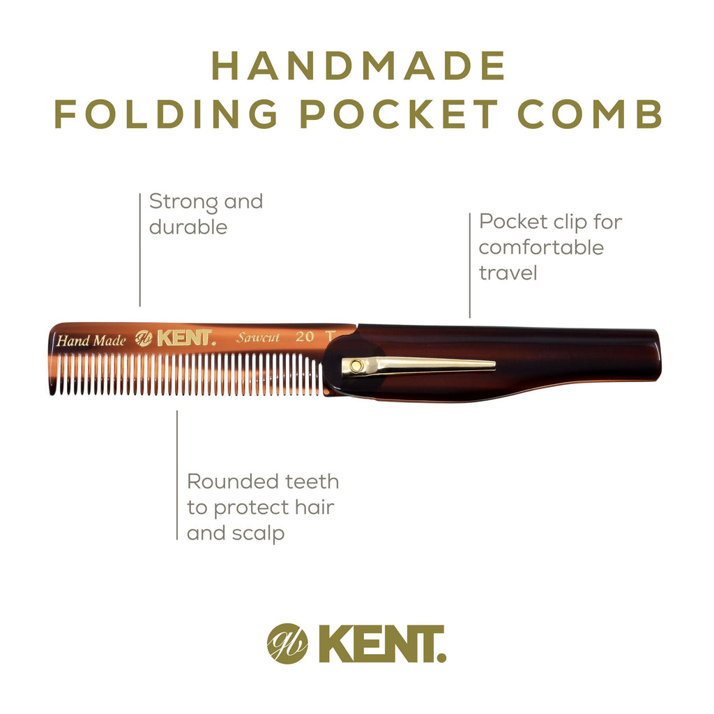 Kent 20T Handmade Folding Pocket Comb for Men, Fine Tooth Hair Comb Straightener for Everyday Grooming Styling Hair, Beard or Mustache, Use Dry or with Balms, Saw Cut Hand Polished, Made in England