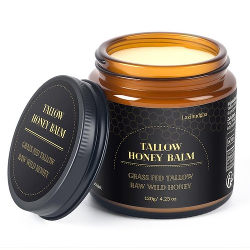 Lazibudgha Beef Tallow for Skin, Tallow and Honey Balm for Face, Grass-Fed Tallow for Body, Deep Nourishing 4.2 oz / 120g