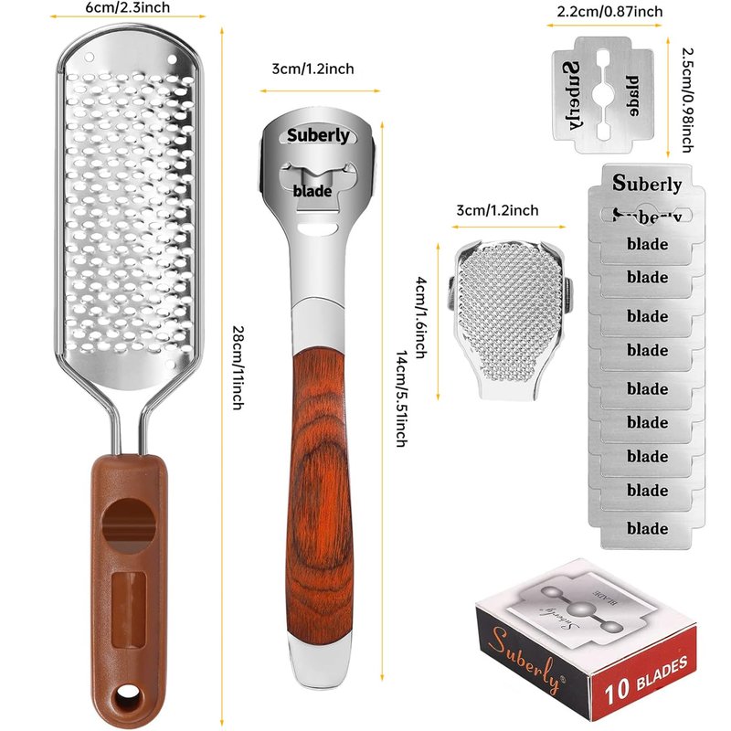 Yihurlm Foot Rasp & Callus Shaver Set,1 Wood Handle Foot Razor with 30 Replacement Slices Blades,1 Foot File Heads,1 Pedicure Feet File,Stainless Steel Feet Care Tools Callus Remover for Feet Hand