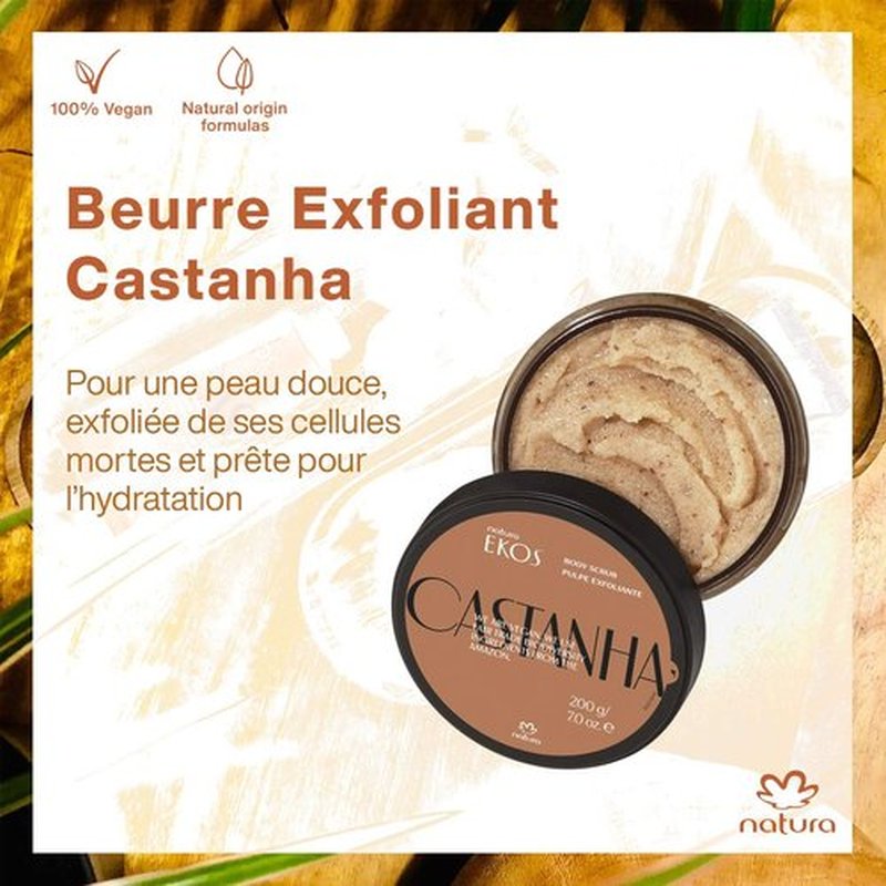 Natura Ekos Castanha Body Scrub - Exfoliating Sugar & Brazil Nut Oil Polish for Dry Skin - 7 oz (200 g)