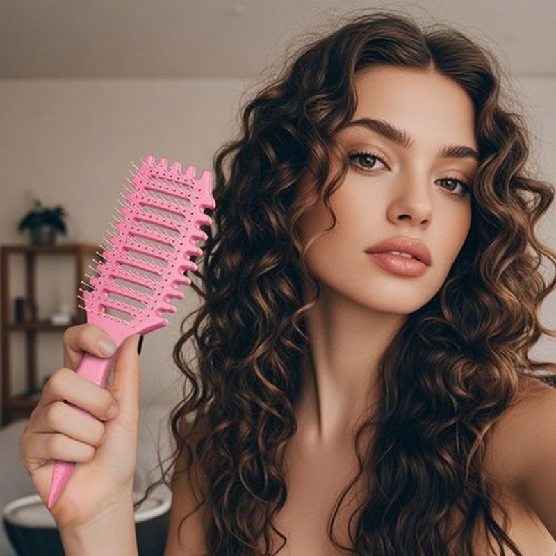 Curly Hair Brush for Women & Men, 4-in-1 Curl Defining & Detangling Brush – Anti-Frizz Anti-Static Styling Brushes with Crescent Shape & Ultra-Smooth Bristles, Wet Dry Hairbrush (Pink)