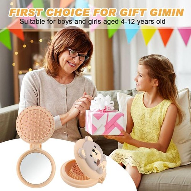Mini travel hair brush for kids, Round Folding Pocket Mirror small toddler Hair Brush for Boys and Girls,Baby hair detangling brush Massage Hair Brush with Air Cushion for Thick Hair (Beige)