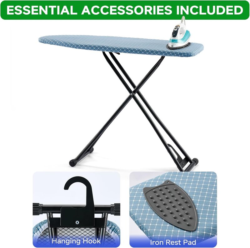 BKTD Compact Ironing Board - Adjustable Height, Heat Resistant Surface | Space-Saving 13" x 43" in Diagonal Checkered Blue