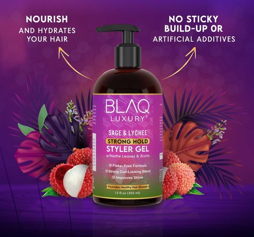 Blaq Luxury Sage & Lychee Strong Hold Styler Gel - Non-Alcoholic and Non-Flaky Formula for All-Day Hold – Biotin Infused - Promotes Hair Repair, Growth, and Manageability - 12oz