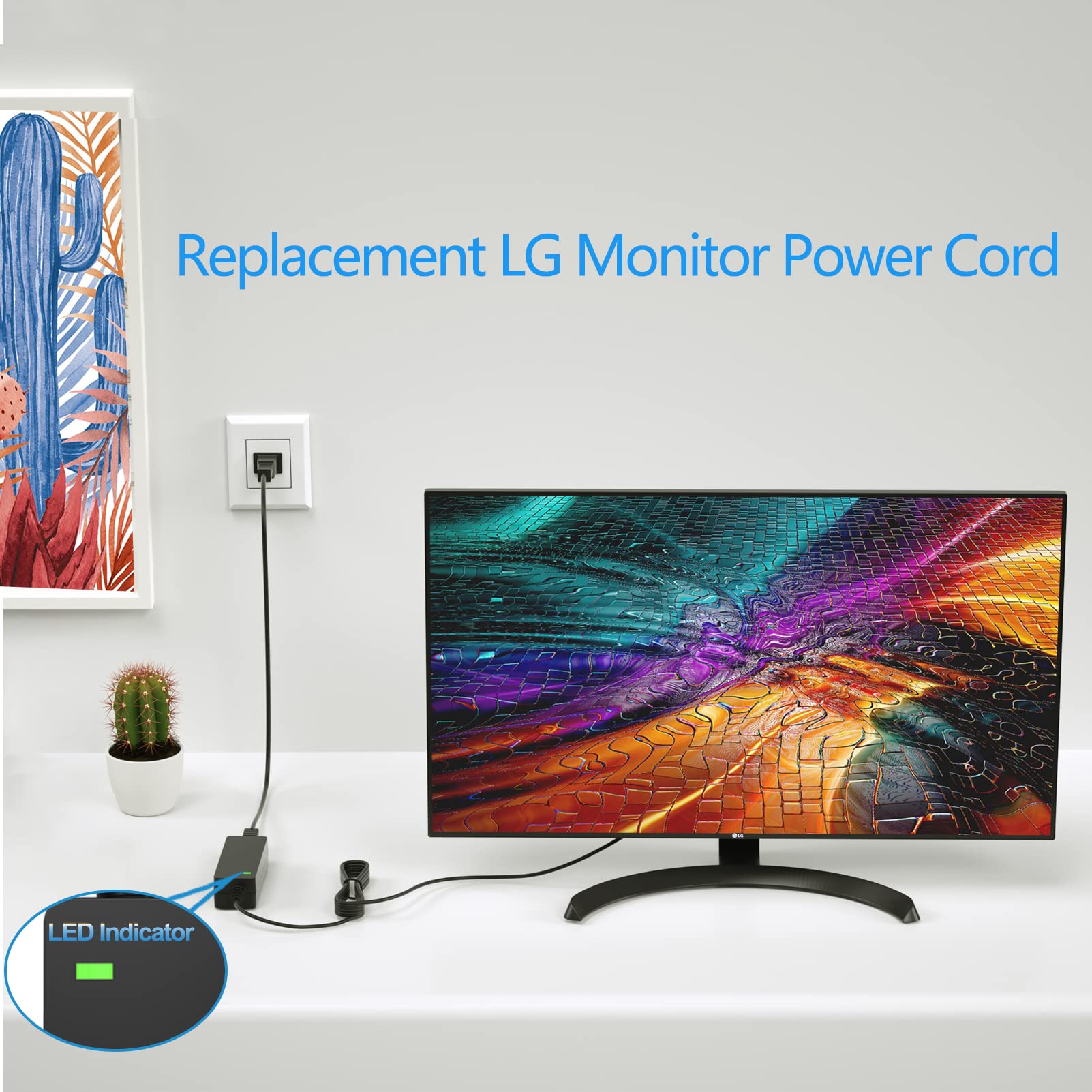 Replacment for LG Monitor Power Cord 19V DC Power Supply for LG Electronics 27" 24" 23" 22" 20" 19" LCD LED HD TV Monitor Widescreen Power Adapter Cord